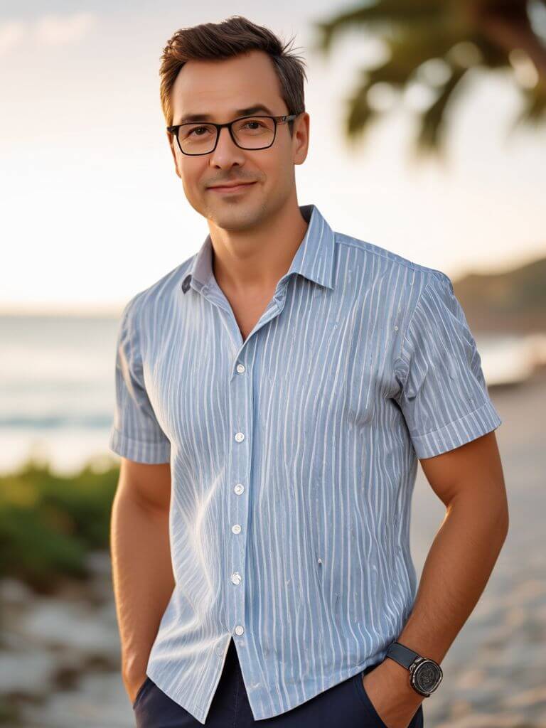 Free AI Headshot Generator for Professional Headshots and Profiles Pictures. headshot of {prompt}, leisure Informal clothing, in a Summer Luxe seaside background, seaside background, Half-body digital photo , realistic, highly detailed, photorealistic, 8k, looking towards the camera