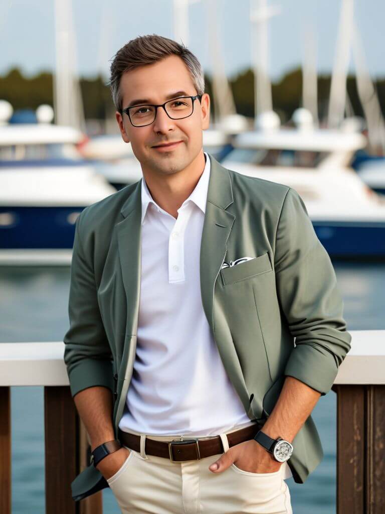 Free AI Headshot Generator for Professional Headshots and Profiles Pictures. headshot of {prompt}, Leisure Informal clothing, with a Yacht background,Yacht background, Half-body digital photo , realistic, highly detailed, photorealistic, 8k, looking towards the camera